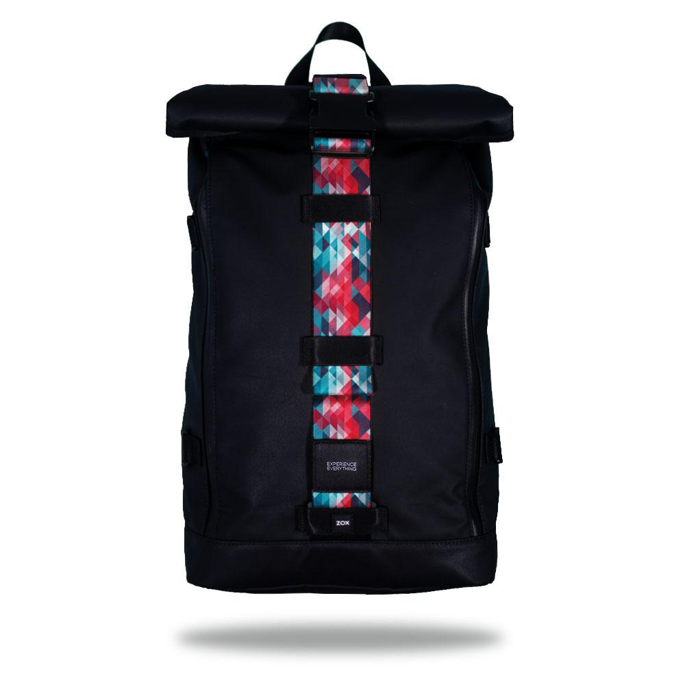 Product image of an Imperial backpack showing a wide strap down the center of it that is interchangeable. The closure strap the item that is for sale on this page and is called Brave and is a light blue, pink, and darker blue triangle geometric pattern