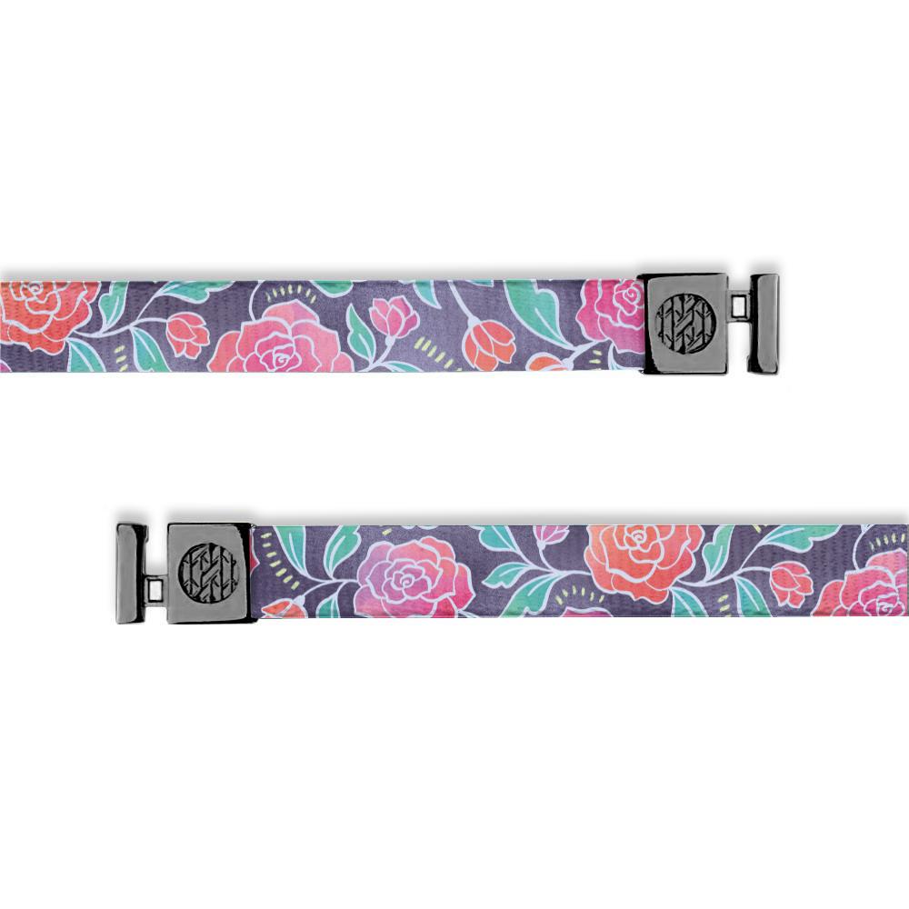 Flat hoodie string. Design is a purple background with red and pink cartoon flowers all over. Inside reads "Today I Will Not Worry" and the aglets are black.