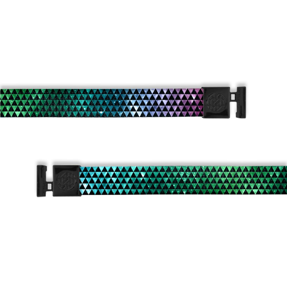 A product image of a wide and flat string with black metal aglets meant to be used with the ZOX hoodie. The string is called You're Not Alone. The background is a space theme with green, blue, pink, and red. The background has a small triangle pattern covering it so you see a mix of the space design and small black triangles.