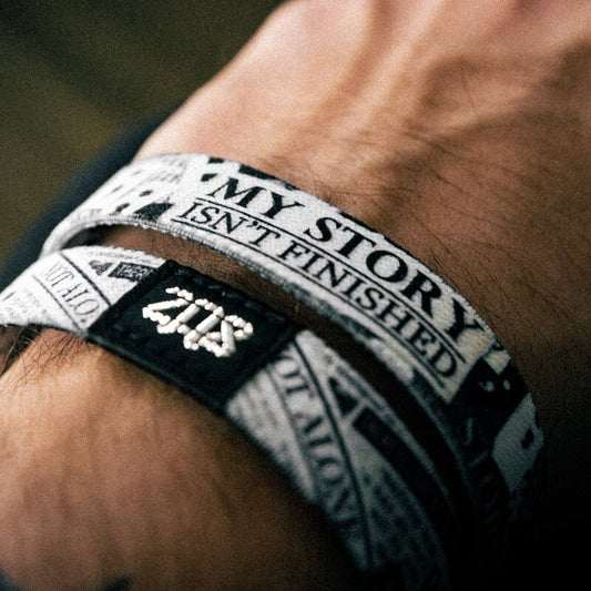 black and white bracelet with a "my story isn't finished" message on the inside