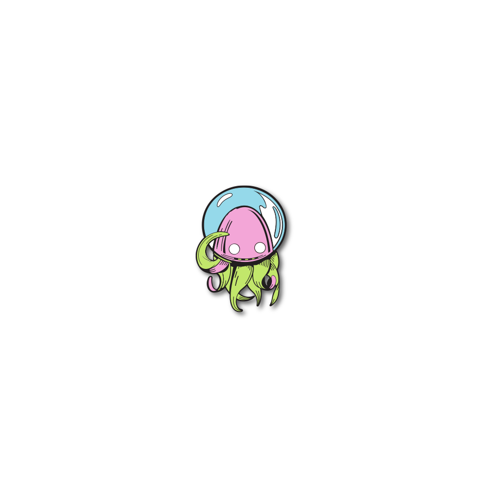 Enamel pin photo of 2021 - Day 11 - Aye Aye Probably: green and pink squid-like monster with a blue fishbowl over it's head