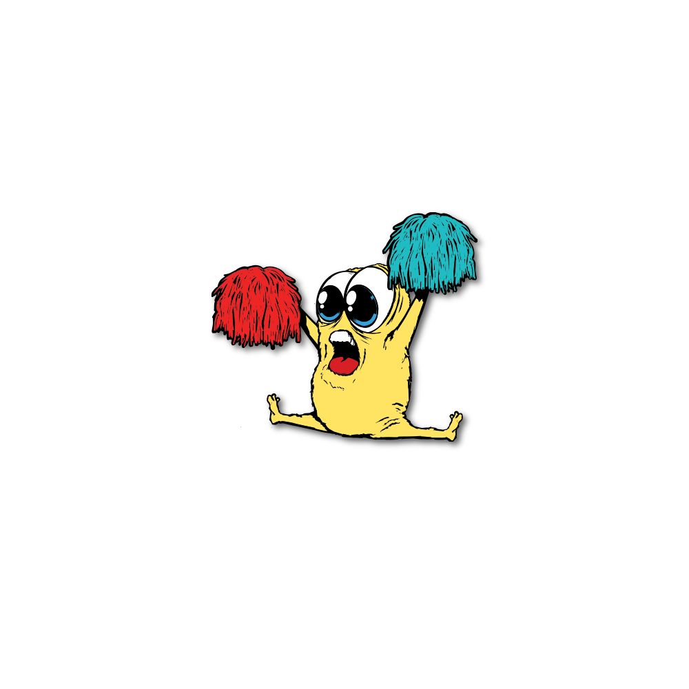 Enamel pin photo for 2021 - Day 1 - Rah Rah Ralph: yellow monster with big eyes doing a split while holding up a red and turquoise pom pom