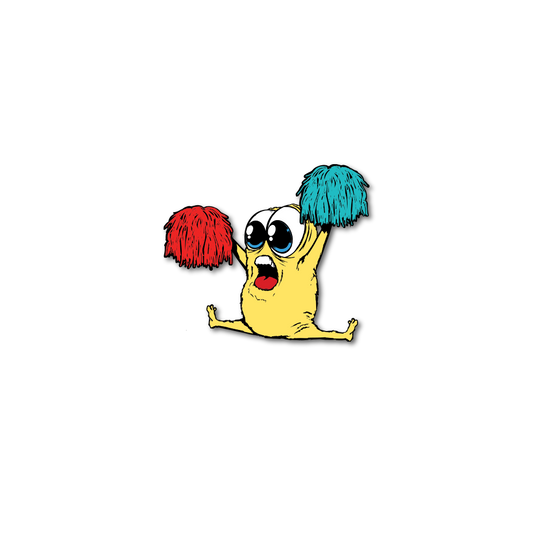 Enamel pin photo for 2021 - Day 1 - Rah Rah Ralph: yellow monster with big eyes doing a split while holding up a red and turquoise pom pom