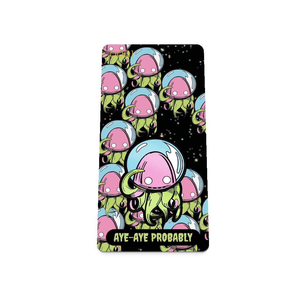 Product photo of the front of the collector’s of 2021 - Day 11 - Aye Aye Probably. It has a black background with repeating green and pink squid-like monsters with a blue fishbowl over it's head. Green 'AYE-AYE PROBABLY'' text.