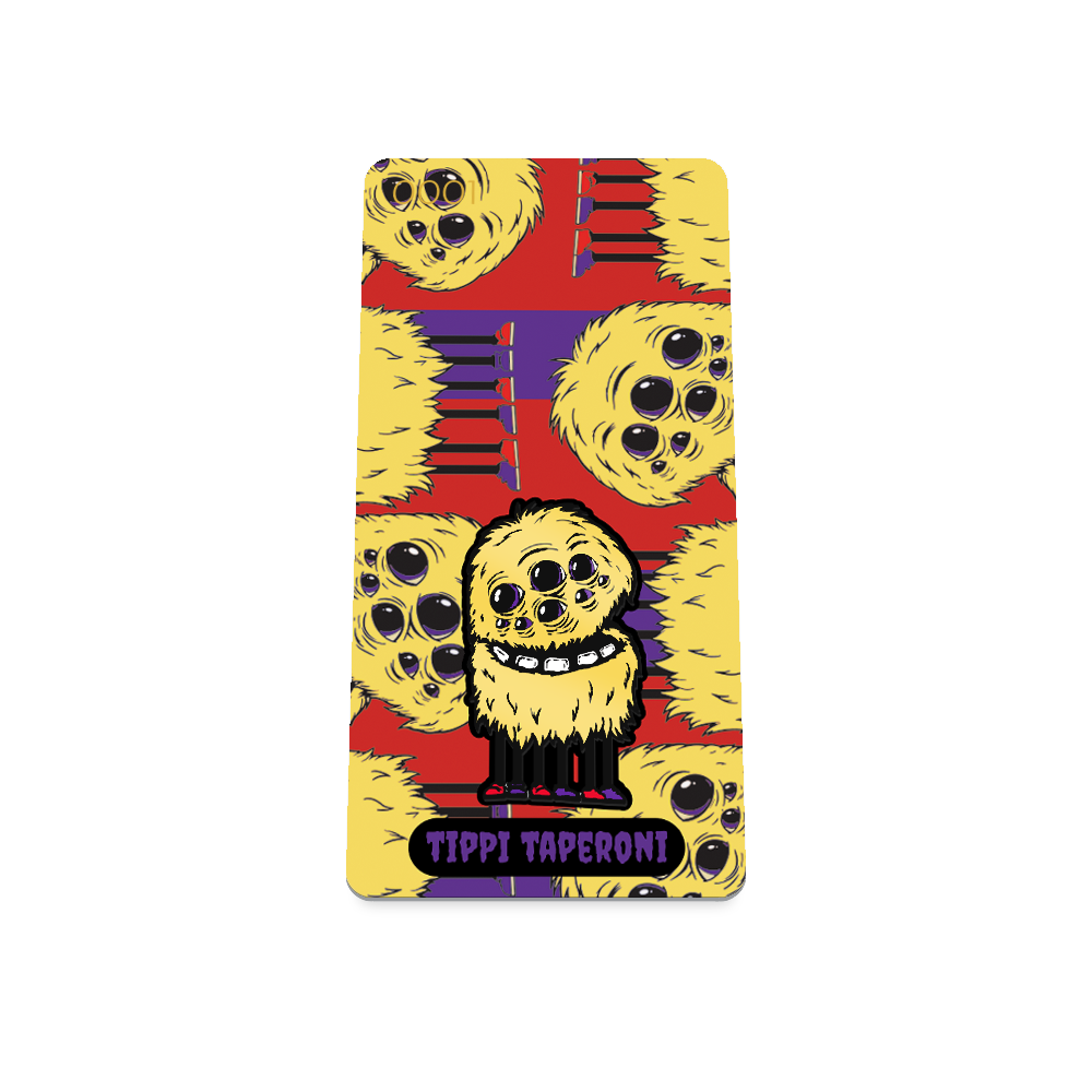 Product photo of the front of the collector’s of 2021 - Day 12 - Tippi Taperoni: Red and purple background with repeating yellow, furry monsters with multiple eyes and 6 legs with purple and red shoes. Purple 'TIPPI TAPERONI' text