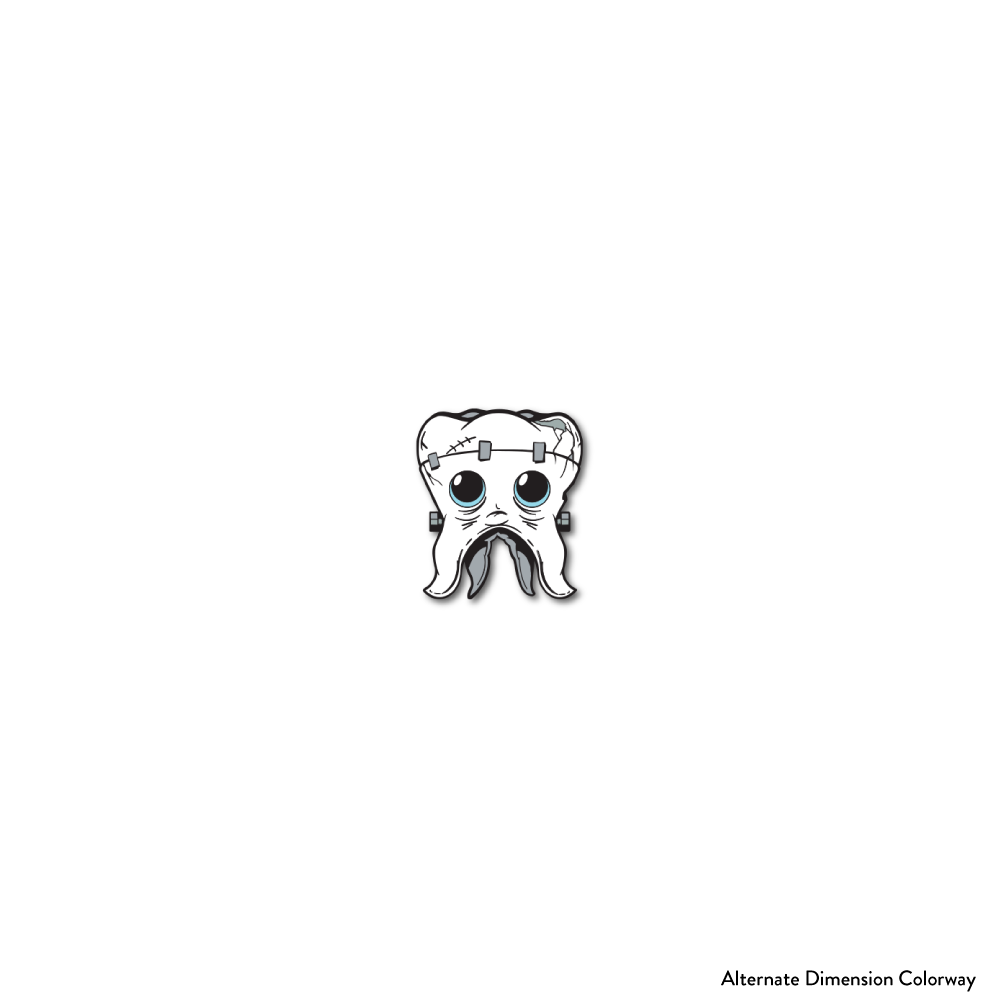 Enamel pin photo of 2021 - Day 13 - Toni Toothache: white and gray Frankenstein-like tooth with a pouting face