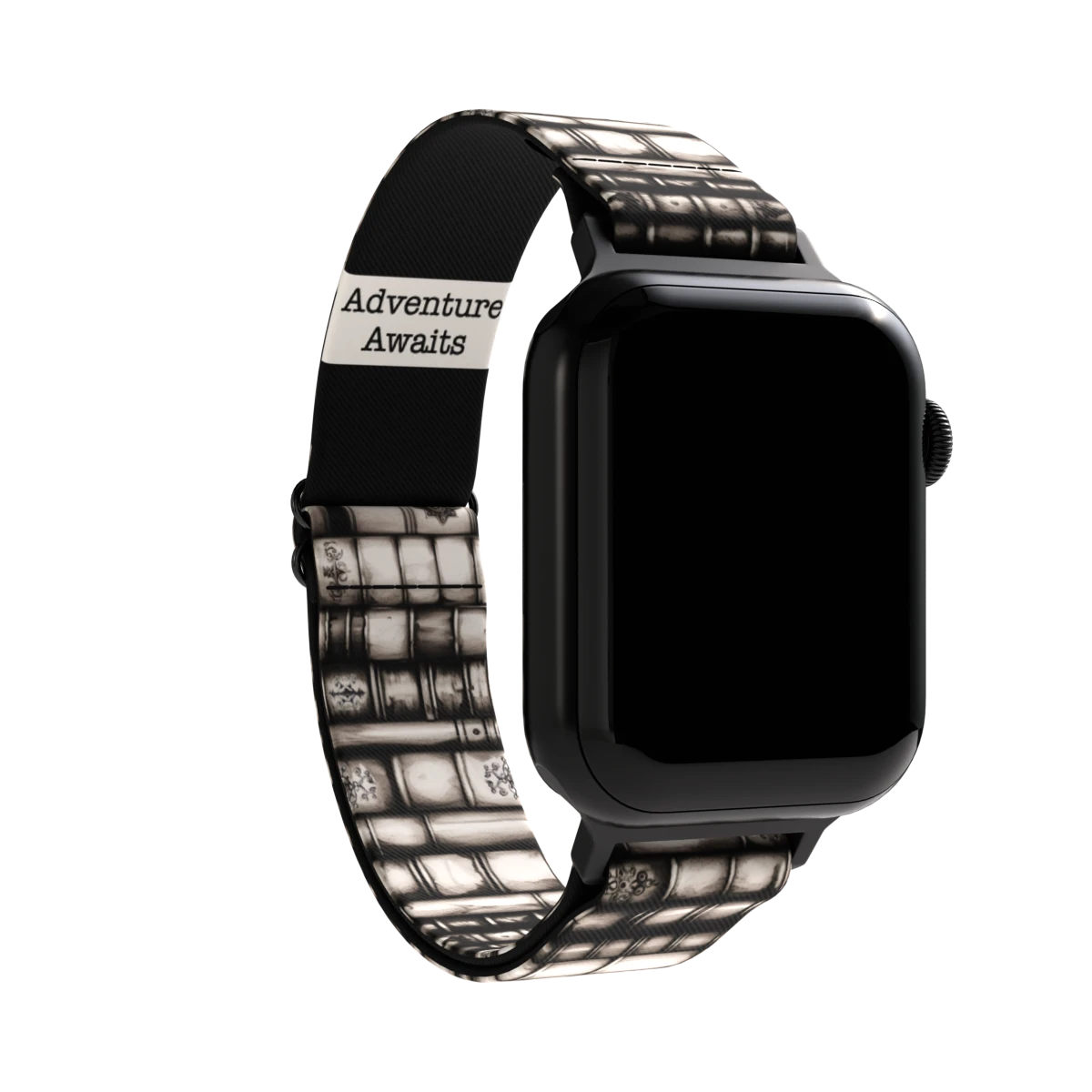 Product photo of the inside of the Adventure Awaits watch band. The inside is solid black with the phrase 'Adventure Awaits' printed in bold white text. The ZOX logo is displayed on a black tag sewn near the top.