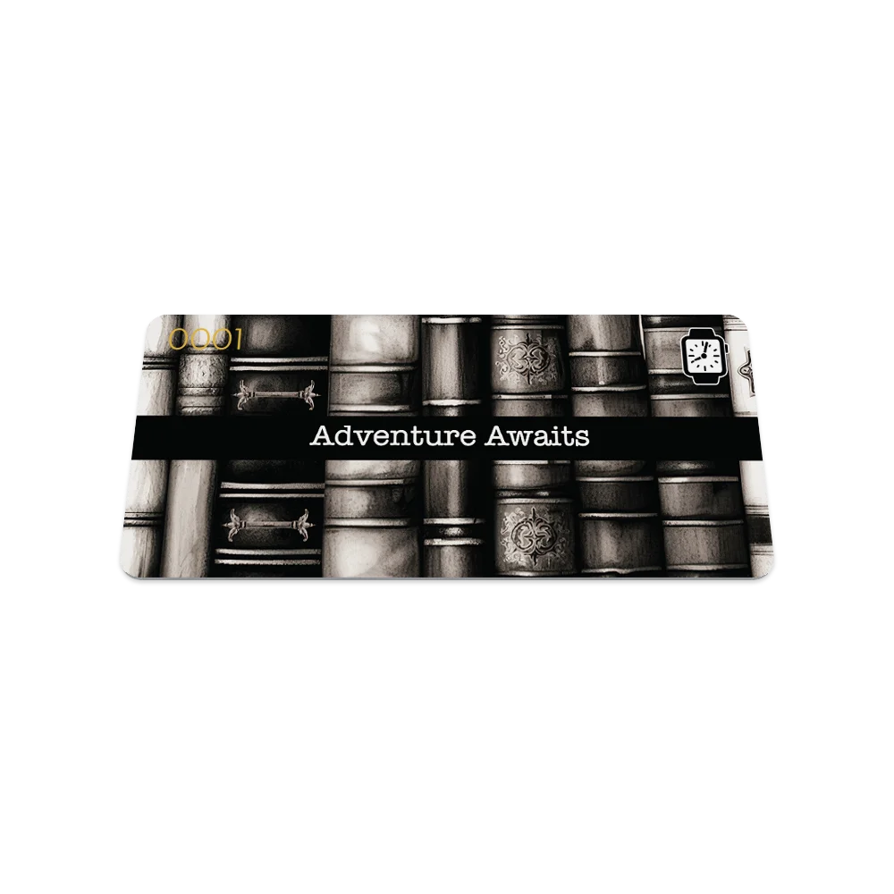 Product photo of the front of the collector’s card for Adventure Awaits. The design features a sepia-toned, vintage book pattern with detailed bindings. The phrase 'Adventure Awaits' is printed in bold white text on a black band across the center of the card. The top left corner displays the number '0001' in gold, and a small watch icon is located in the top right corner.