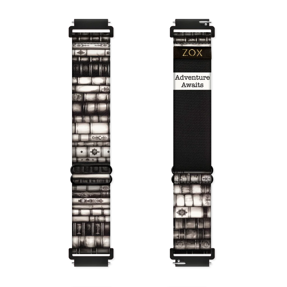 Android Watchband render of the Adventure Awaits design, showing both the outside (left) and inside (right) of the band. The outer side on the left features a sepia-toned, vintage book pattern with detailed bindings. The inside on the right is solid black with the phrase 'Adventure Awaits' printed in bold white text. The ZOX logo is on a black tag sewn near the top.