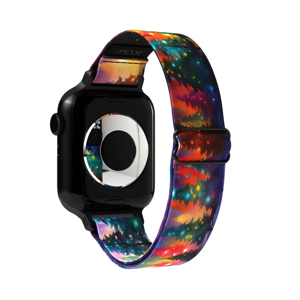 Product photo of the outside of the All is Bright, All is Calm watch band. The design features a colorful, night-time landscape with a forest of evergreen trees lit up by soft, glowing lights in hues of red, green, and yellow.