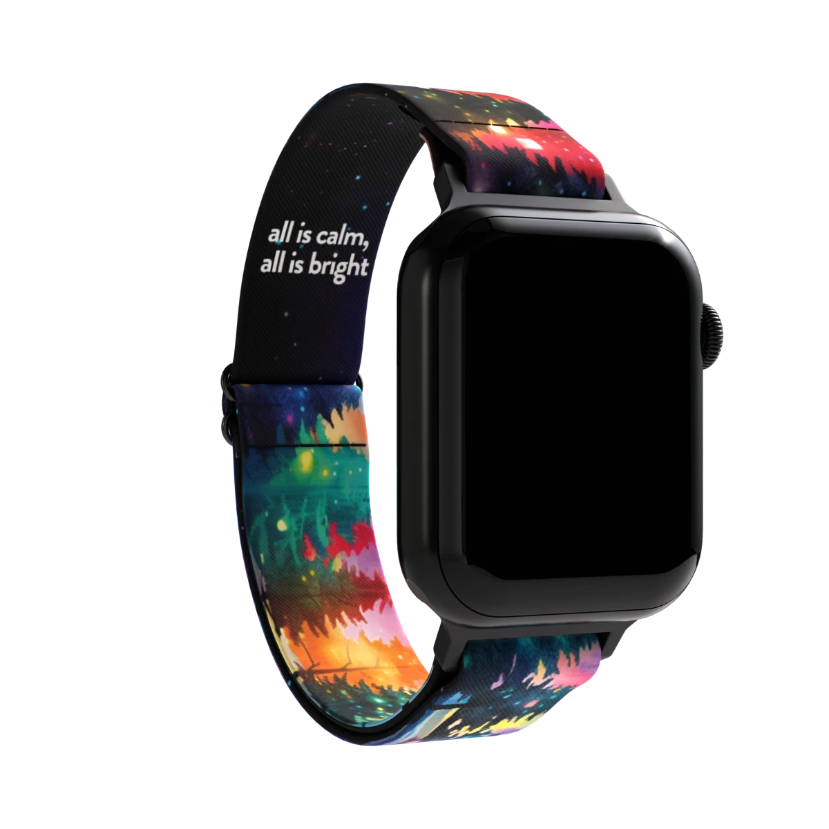 Product photo of the inside of the All is Bright, All is Calm watch band. The inside is black with the phrase 'all is calm, all is bright' printed in white text. The ZOX logo is on a black tag sewn near the top.