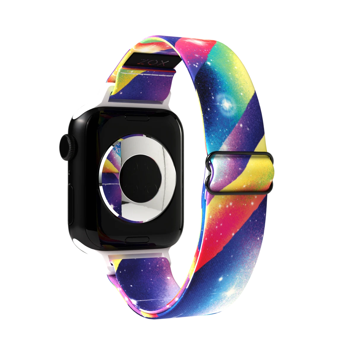 Product photo of the outside of the Among the Stars Watch Band. The design features a colorful, galaxy-theme and showcases a vibrant cosmic design with swirling streaks of pink, yellow, blue, and purple, blending with starry details that evoke a nebula-like appearance. The inside of the band, visible near the top, has a black surface with the brand name "ZOX" subtly printed. 