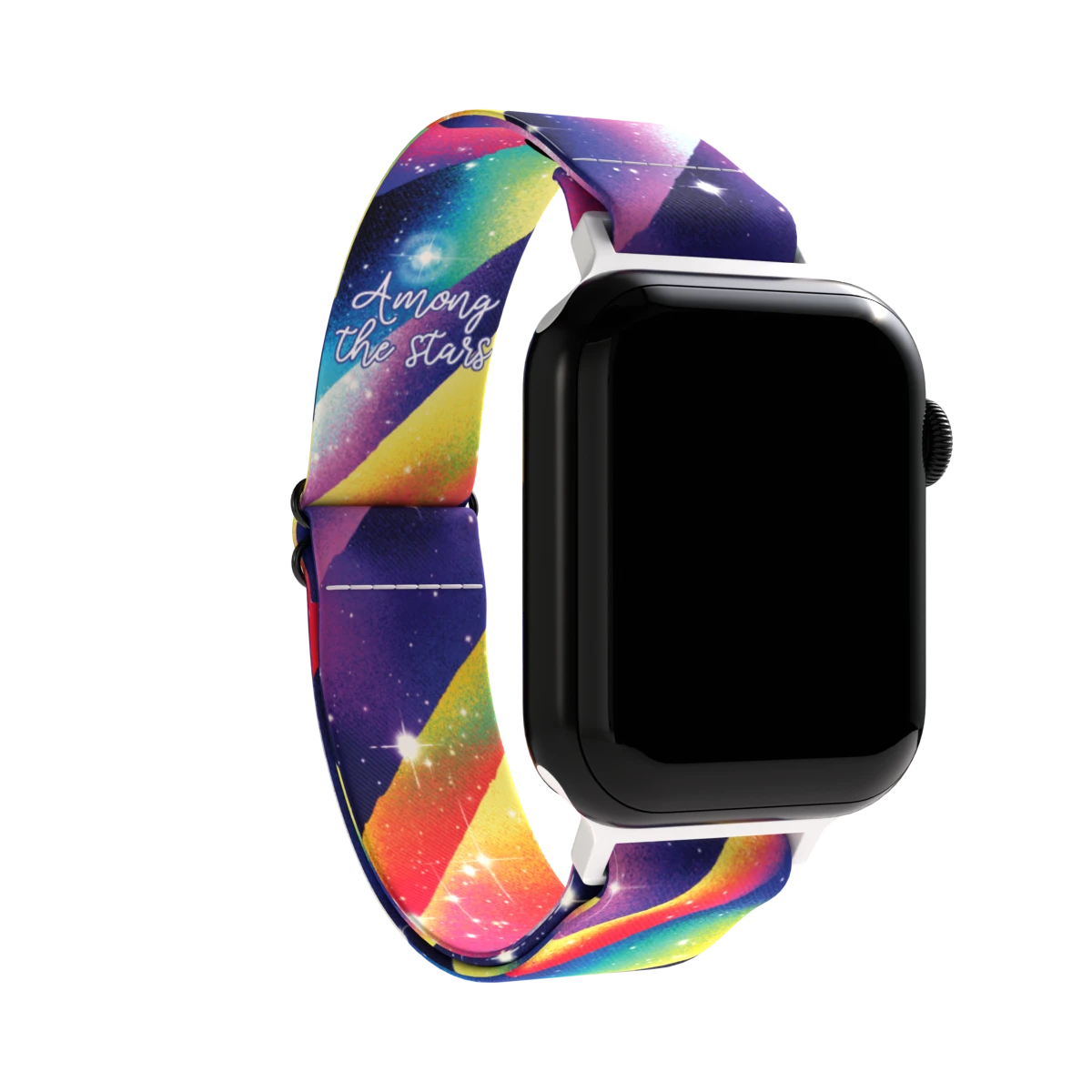 Product photo of the inside of the Among the Stars Watch Band. The inside features a cosmic theme with swirling bands of bright yellow, purple, pink, and blue, resembling a nebula or galaxy. White stars and speckles are scattered across the design, enhancing the celestial look. The phrase "Among the Stars" is printed in a white, script font on the upper band near the top.