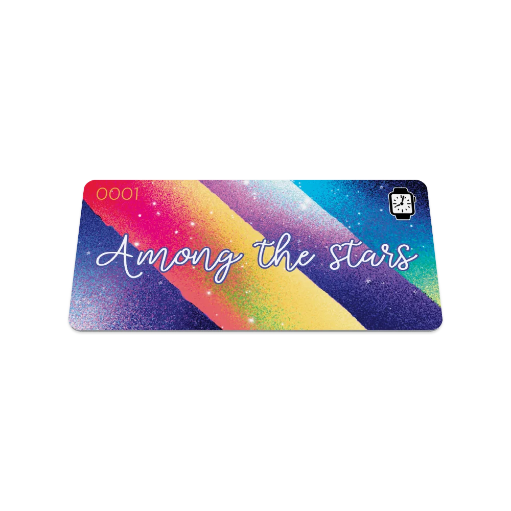 Product photo of the front of the collector’s card for Among the Stars. The design features a colorful, galaxy-theme and showcases a vibrant cosmic design with swirling streaks of pink, yellow, blue, and purple, blending with starry details that evoke a nebula-like appearance The text 'Among the Stars' is prominently displayed in bold white cursive letters across the center.