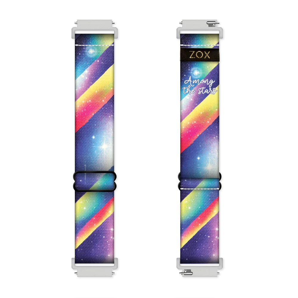 Android Watchband render of the "Among the Stars" design, showing both the outside (left) and inside (right) of the band. The outer side on the left features a colorful, galaxy-inspired pattern with diagonal stripes of purple, pink, yellow, and blue, along with white stars scattered across the cosmic background. The inside on the right mirrors this design, with the addition of the phrase "Among the Stars" in white script near the top, and the "ZOX" logo in gold on a black background. 