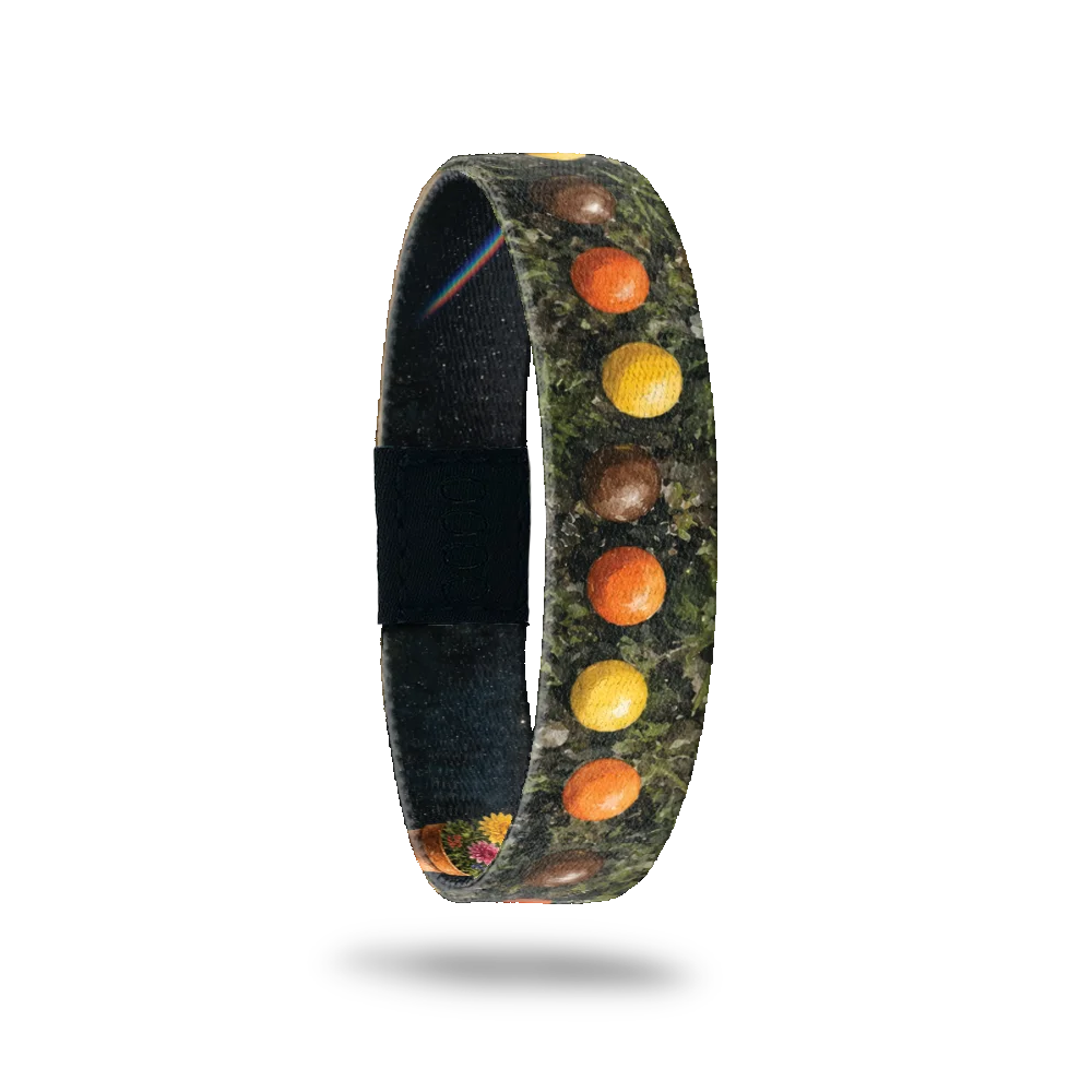 Be Good bracelet showing a row of colourful candy pieces on dark mossy ground