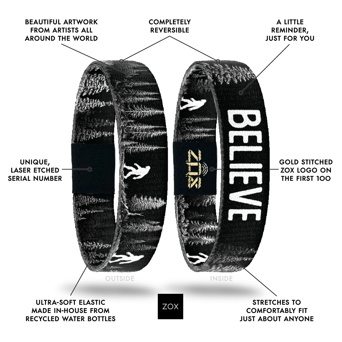 Front and back views of the Believe bracelet with callouts labeling its design features