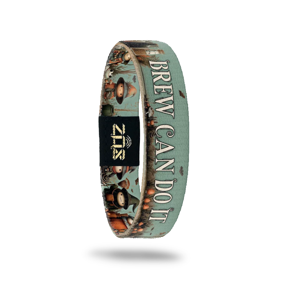 Inside of the Brew Can Do It bracelet, with the words Brew Can Do It across the woodland witch print