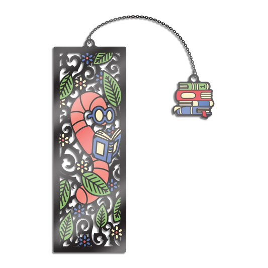 A copper plated/thing metal bookmark. The cutout design is ornate with flowers and a red worm with reading glasses on, reading a blue book. Has a tassel place holder that has a stack of colored books at the end. 