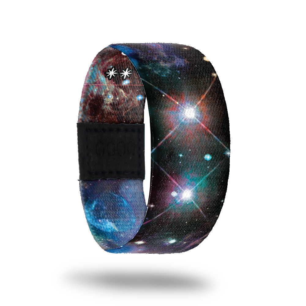 This is a reward item and not purchasable. It is a reversible strap and the design is a blue, green, purple and black nebula. The inside is the same and reads Bound & Determined. 