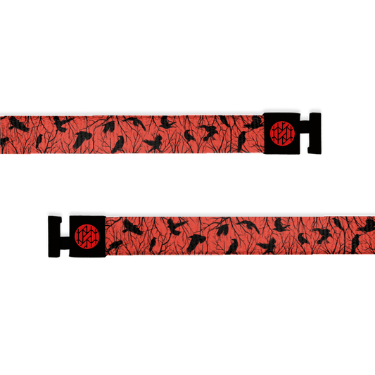 This is a hoodie string and only compatible with ZOX hoodies.  The design is bright red with black dying trees and black silhouettes of crows all in the trees. It has black and red aglets. 