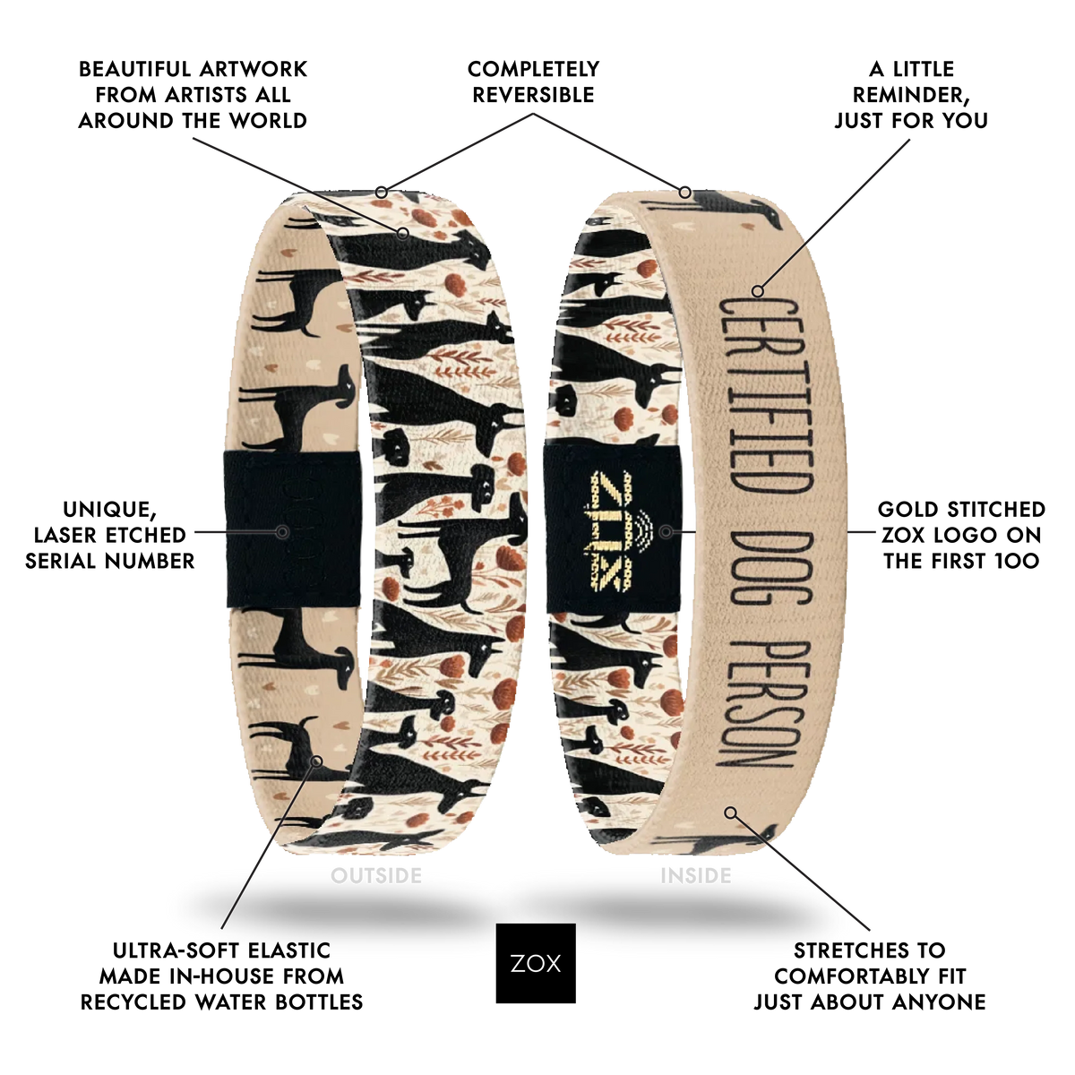 Front and back views of the Certified Dog Person bracelet with callouts labeling its design features
