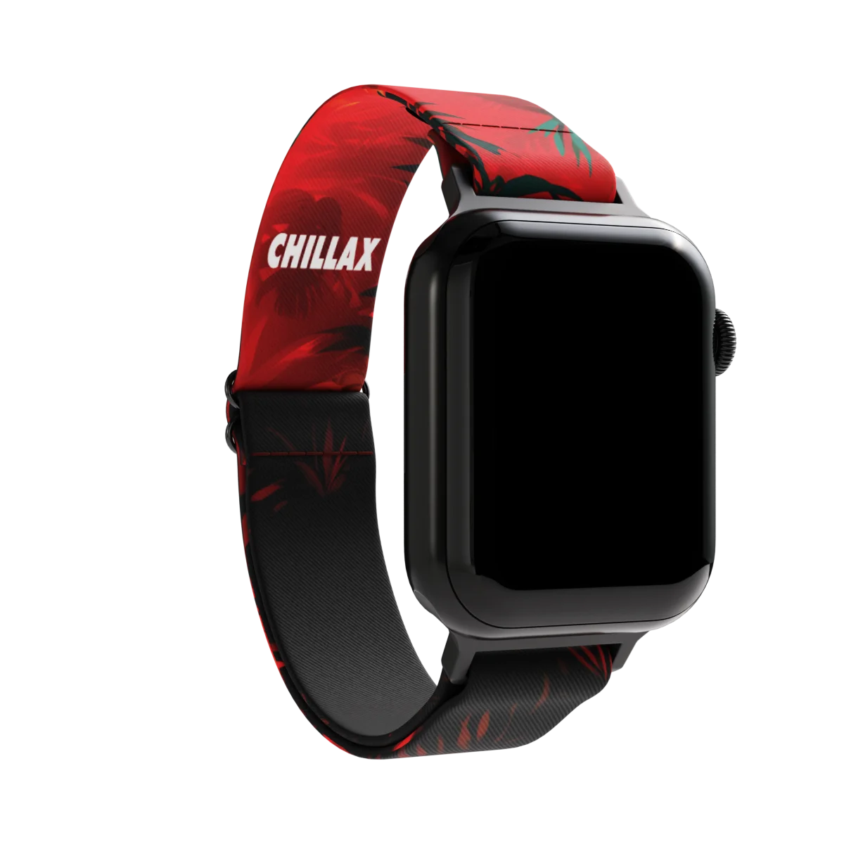 Watchband render showing the inside of the band. The outer side features a bold red background with black and green palm leaf patterns. The word "CHILLAX" is prominently displayed in white, all-caps lettering near the top of the band. The design has a vibrant and laid-back tropical theme.