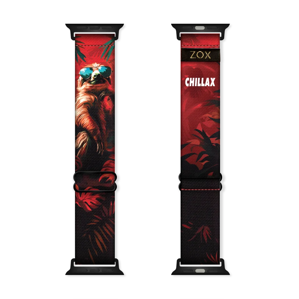 Apple Watchband render showing both the outside (left) and inside (right) of the band. The outer side on the left features a detailed image of a sloth with golden brown fur, wearing blue reflective sunglasses, set against a vibrant red background with green palm leaf patterns, enhancing the tropical theme. The inner side on the right displays a bold red background with black and green palm leaf designs, along with the word "CHILLAX" in white, all-caps lettering near the top of the band.