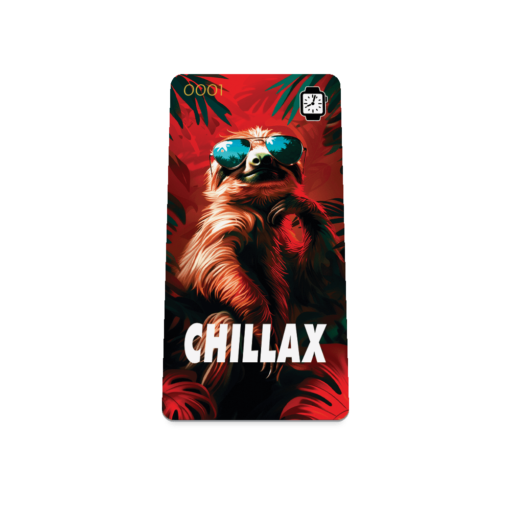 Render of the front of a card featuring a vibrant tropical design. The card displays an image of a sloth with golden brown fur, wearing blue reflective sunglasses, set against a red background with black and green palm leaf patterns. The word "CHILLAX" is prominently displayed in bold white all-caps lettering at the bottom.