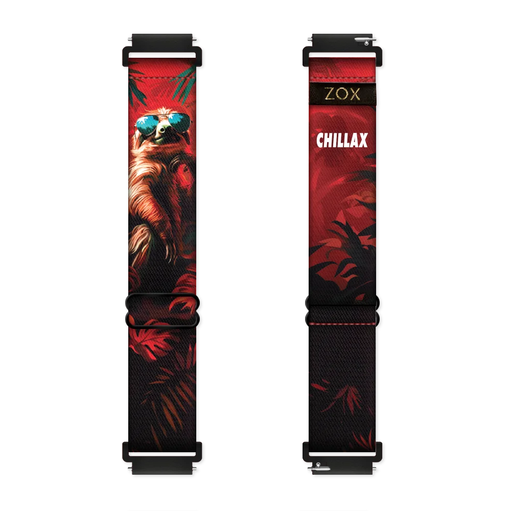 Android Watchband render showing both the outside (left) and inside (right) of the band. The outer side on the left features a detailed image of a sloth with golden brown fur, wearing blue reflective sunglasses, set against a vibrant red background with green palm leaf patterns, enhancing the tropical theme. The inner side on the right displays a bold red background with black and green palm leaf designs, along with the word "CHILLAX" in white, all-caps lettering near the top of the band.