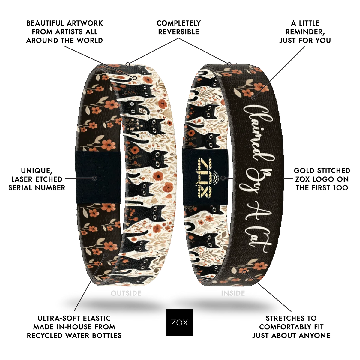 Front and back views of the Claimed By A Cat bracelet with callouts labeling its design features