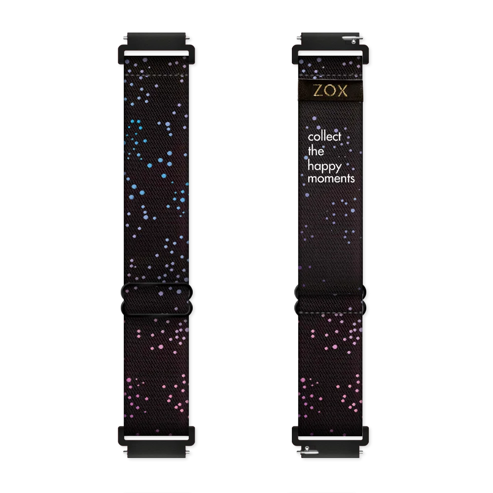 This is a watchband and not reversible. The design is black with gradient colored small dots all over. The inside is the same and says Collect The Happy Moments.