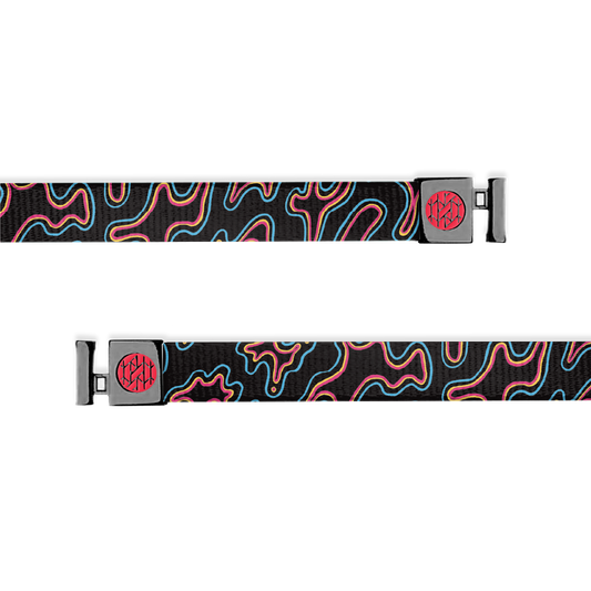 This is a hoodie string and only compatible with ZOX hoodies. The design is black with blue, hot pink and bright orange squiggles. It has gunmetal and red aglets.  