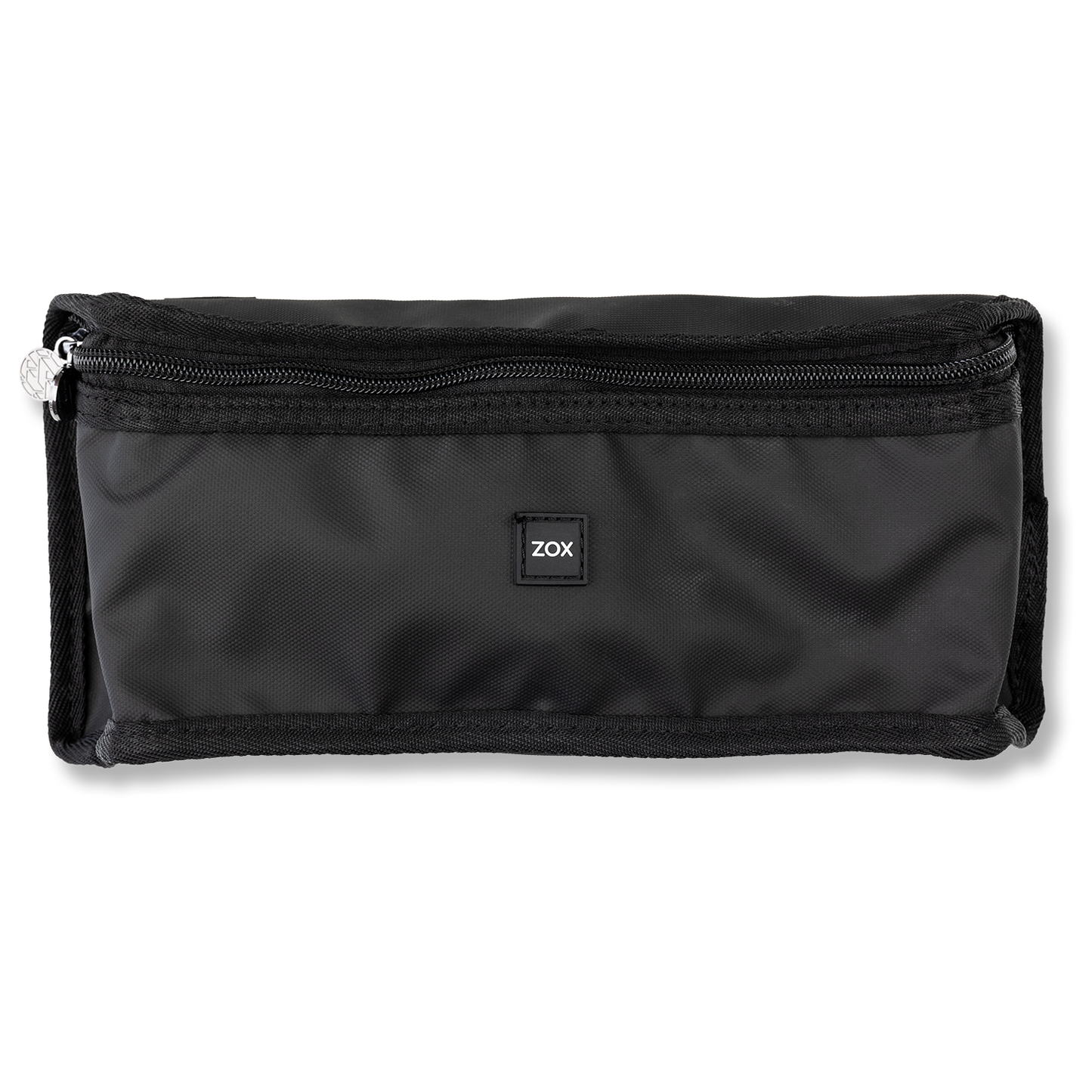 A black rectangular waist bag with a zippered top closure. The front of the bag features a small square black label with the white "ZOX" logo in the center. The bag is made from a smooth, durable material, with a circular metal charm attached to the zipper pull.