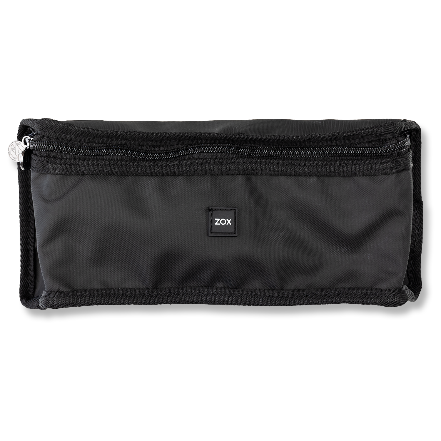 A black rectangular waist bag with a zippered top closure. The front of the bag features a small square black label with the white "ZOX" logo in the center. The bag is made from a smooth, durable material, with a circular metal charm attached to the zipper pull.