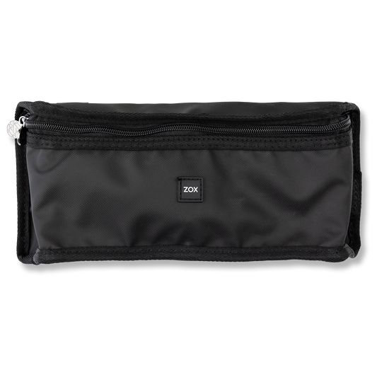 A black rectangular waist bag with a zippered top closure. The front of the bag features a small square black label with the white "ZOX" logo in the center. The bag is made from a smooth, durable material, with a circular metal charm attached to the zipper pull.