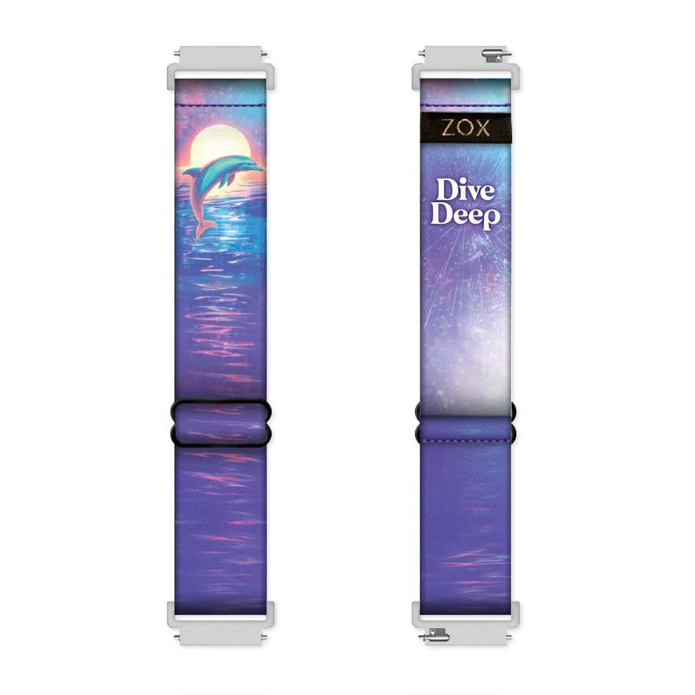 Android Watchband render showing both the outside (left) and inside (right) of the band. The outer side on the left features a vibrant image of a dolphin leaping out of the water with a sunset in the background, set against a blue and purple gradient with reflective water patterns. The inner side on the right displays a blue and purple gradient background with a subtle light pattern, along with the phrase "Dive Deep" in white, all-caps lettering near the top.