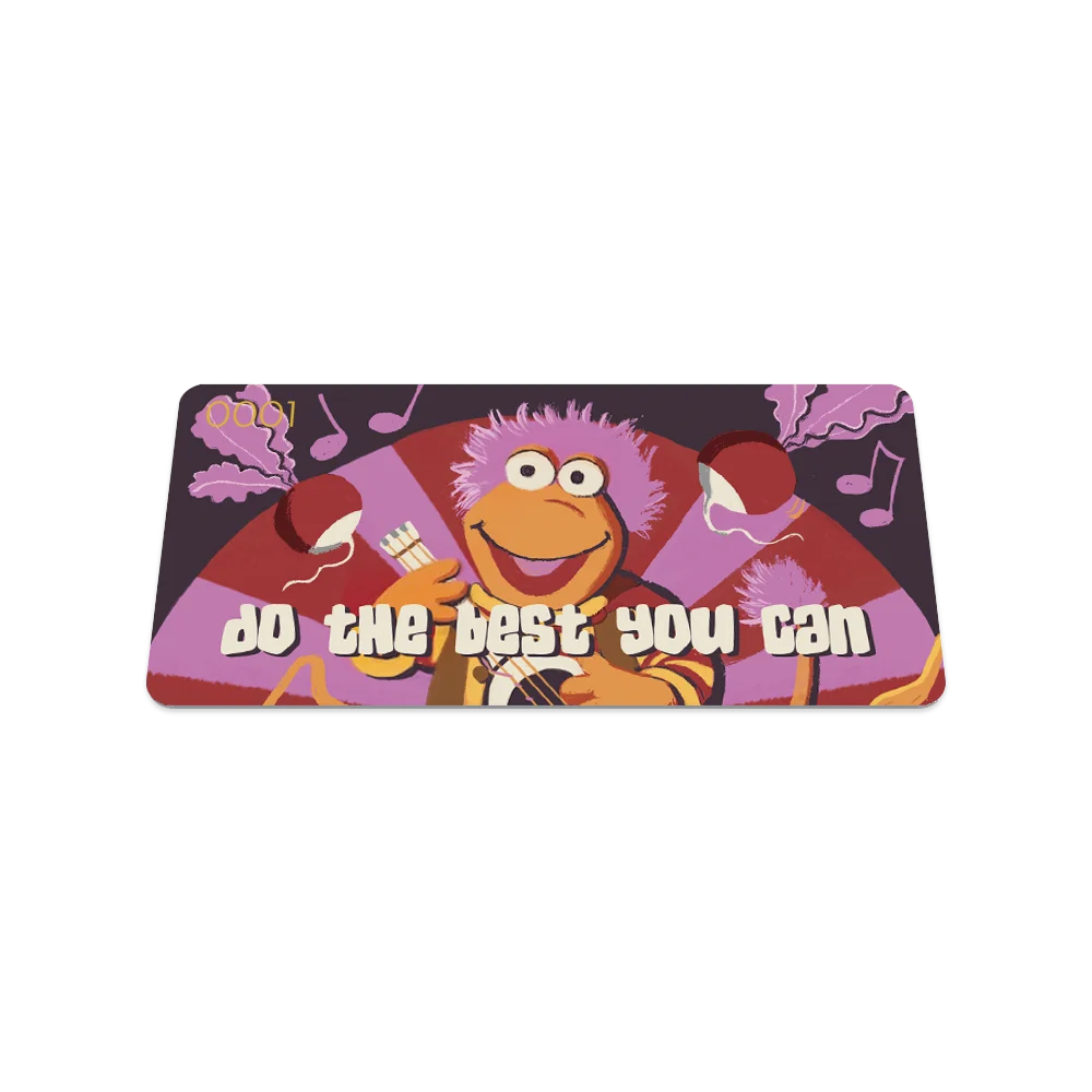 A collector's card featuring Gobo from Fraggle Rock, smiling and playing a guitar. The background showcases a vibrant design with purple and red sunburst patterns, musical notes, and abstract shapes in pink and orange. The motivational phrase "Do the best you can" is written in bold white letters across the bottom.