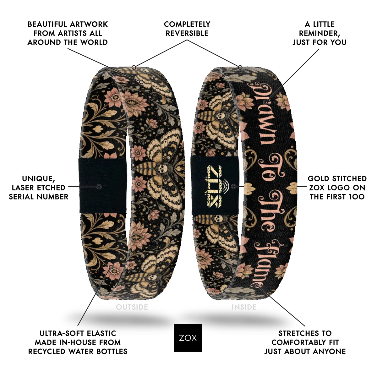 Front and back views of the Drawn To The Flame bracelet with callouts labeling its design features