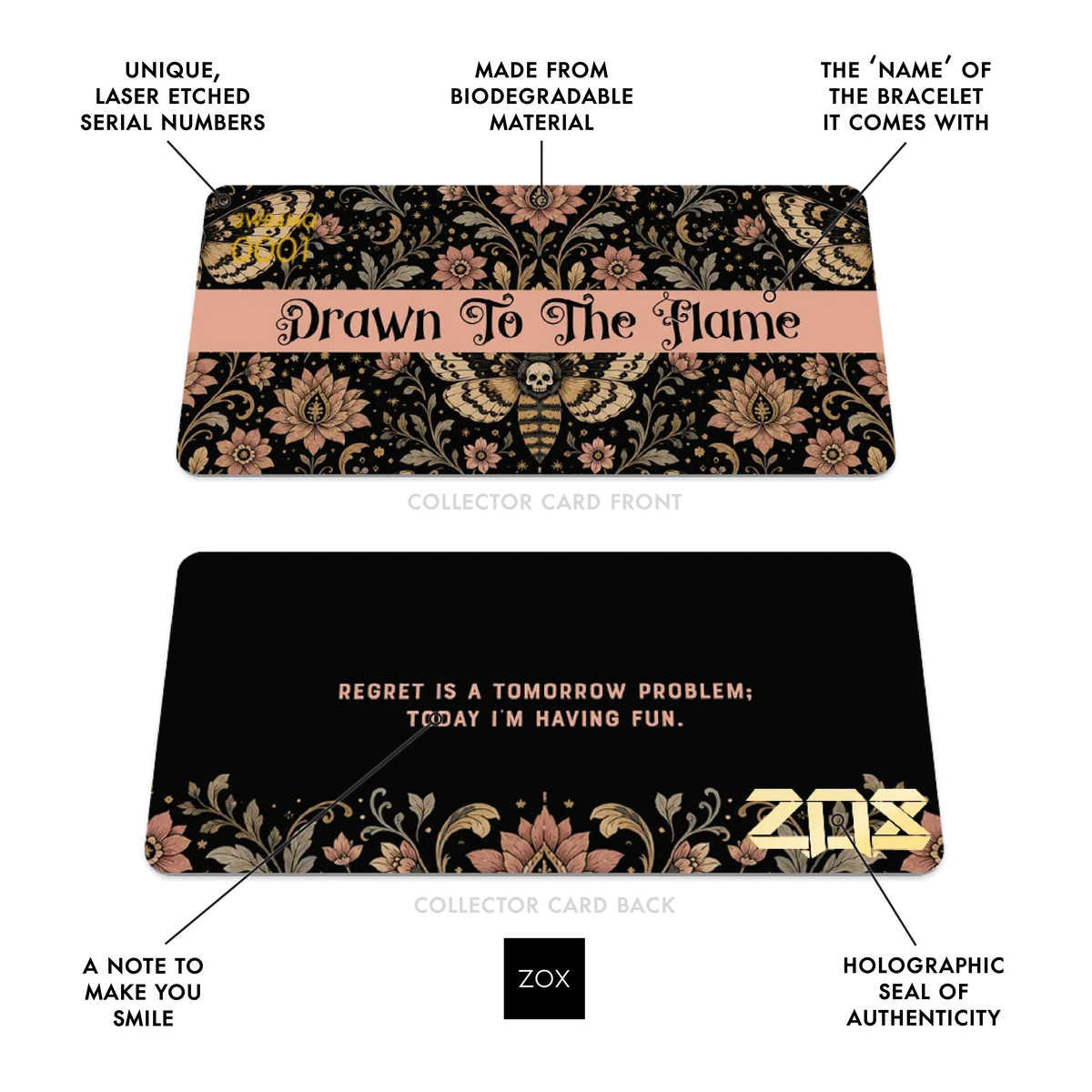 Front and back of the Drawn To The Flame collector card with callouts labeling its features