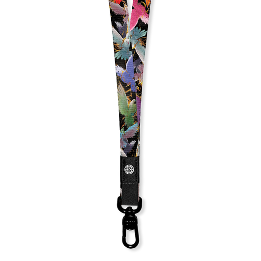 Black lanyard with multicolored birds flying in gold twigs. 