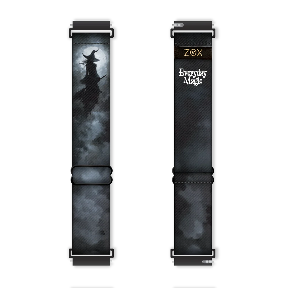 Everyday Magic watch band shown on a watch, in black with a witch flying across a moonlit sky
