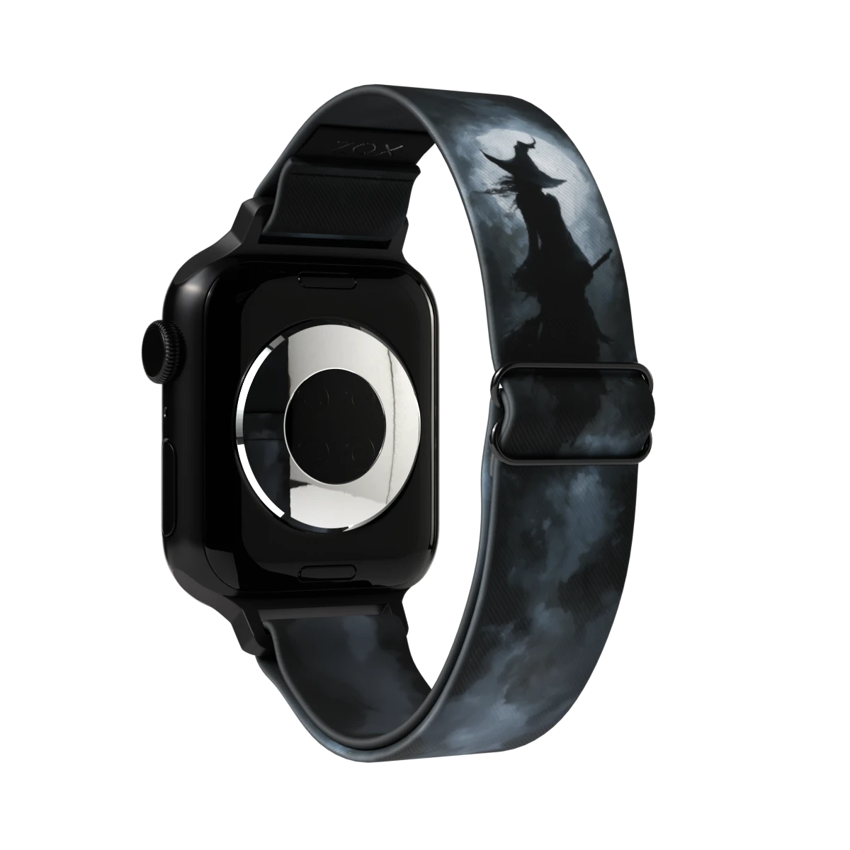 Everyday Magic watch band in black, showing the moonlit sky print and the words Everyday Magic