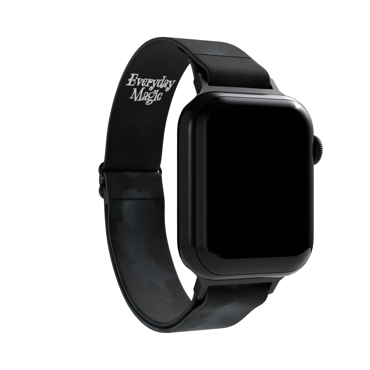 Everyday Magic watch band in black, with a witch flying across a stormy moonlit sky