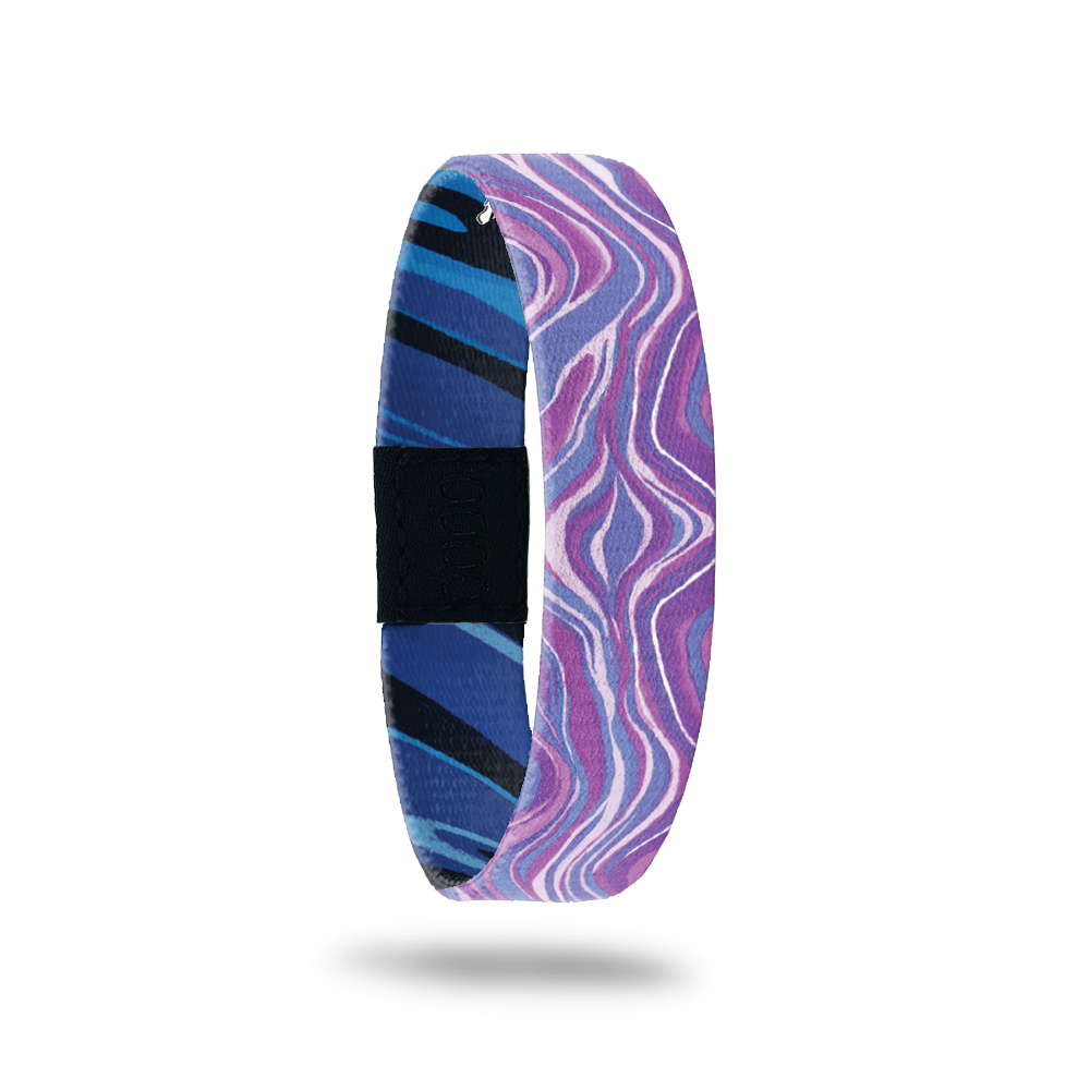  Bright purple, pink and lavender swirls all over. Inside is blue, teal and black diagonal stripes and says Finish What You Started.