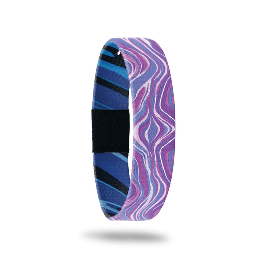  Bright purple, pink and lavender swirls all over. Inside is blue, teal and black diagonal stripes and says Finish What You Started.