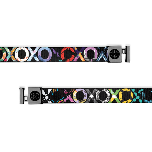 Hoodie string with black base and X O all over it. Each X and O has various designs of previous releases. Has gunmetal aglets. Is only compatible with ZOX hoodies. 