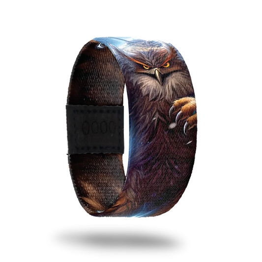 ZOX strap with realistic design of an owl with glowing eyes and talons. Inside reads Face Your Foe. 