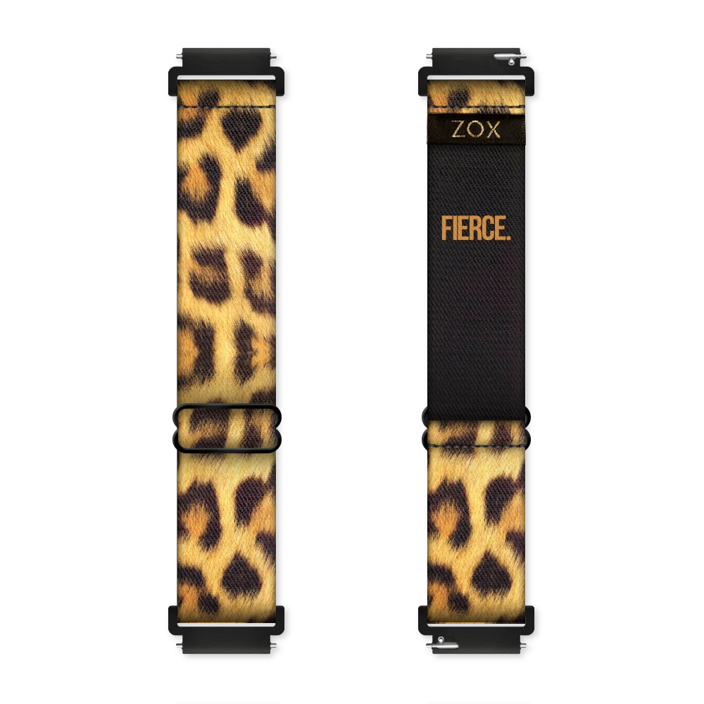 ZOX watchband with a cheetah print all over entire band. Inside reads Fierce. Check size guide for compatible watches.