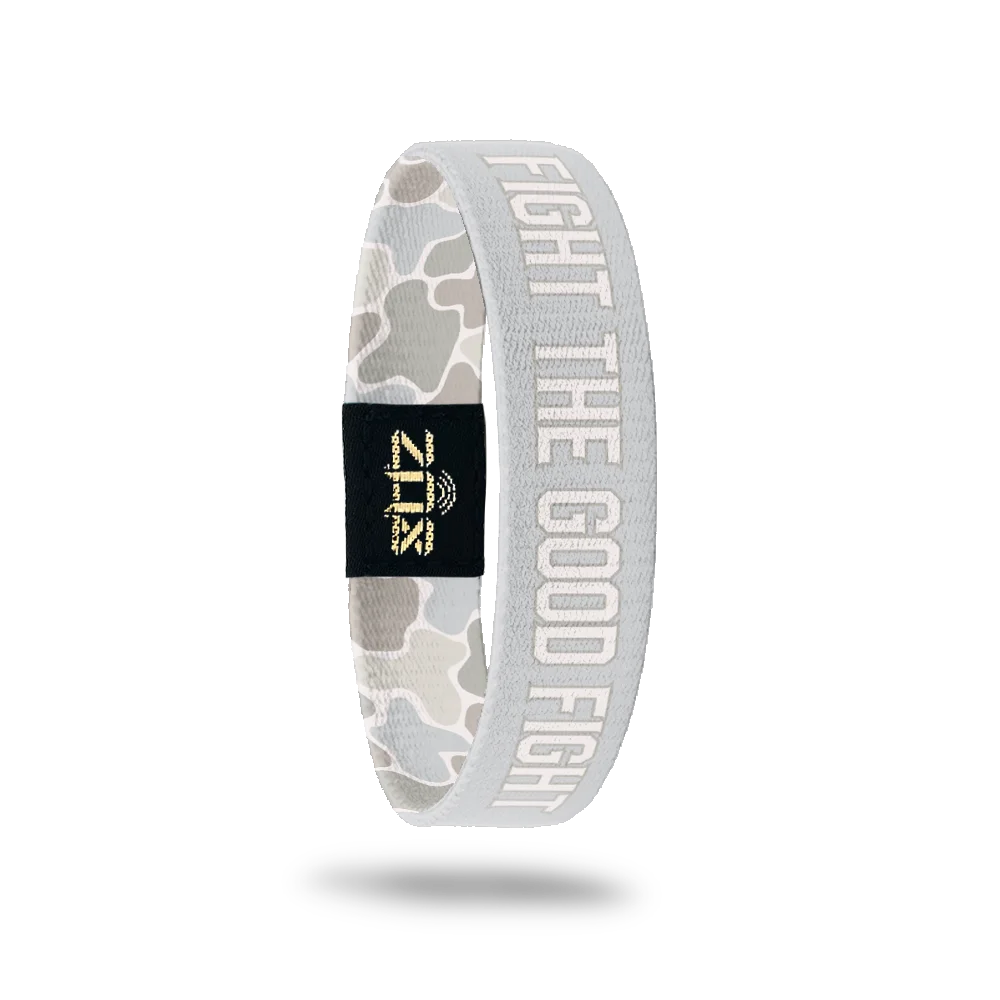 Inside of the Fight The Good Fight bracelet, with the words Fight The Good Fight across the grey camo print